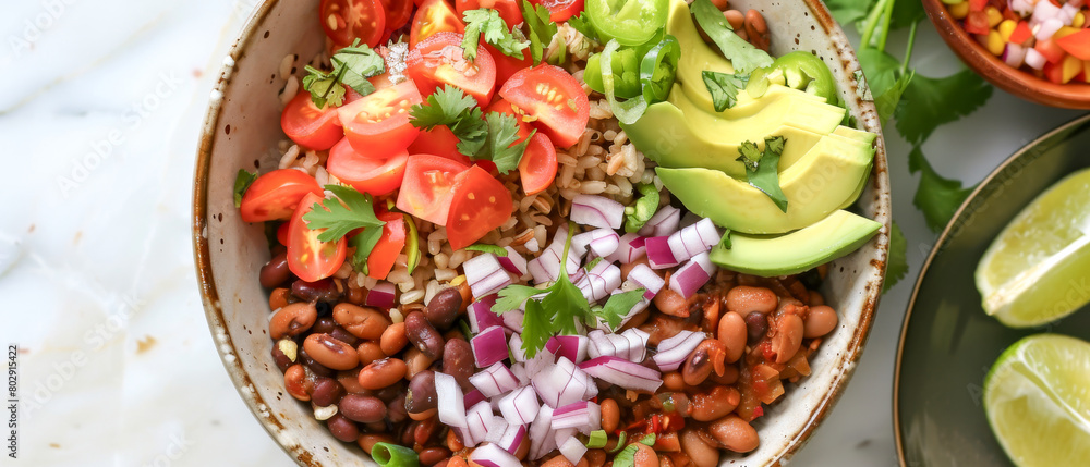 Top view bowl of food with beans, tomatoes, onions and avocado on marble table