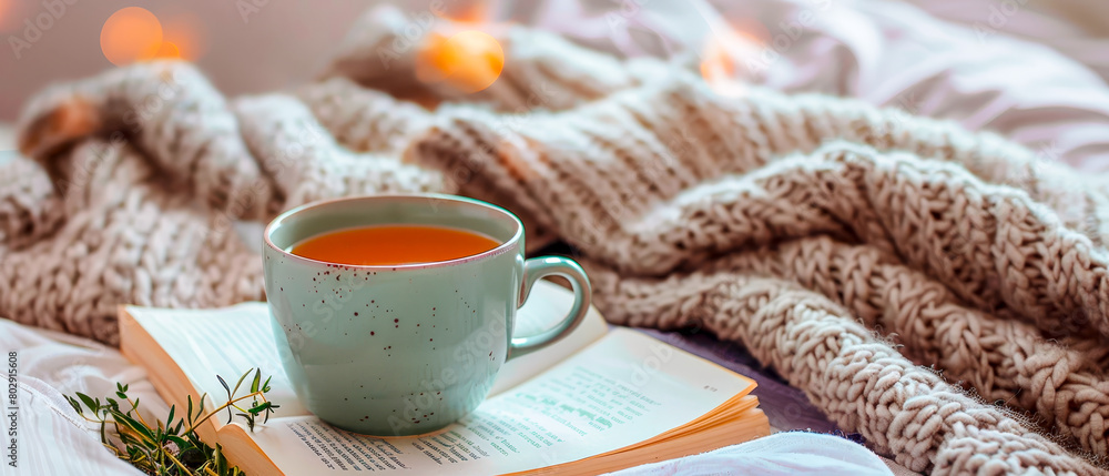 A close up cup of tea sitting on a book with a blanket draped over it