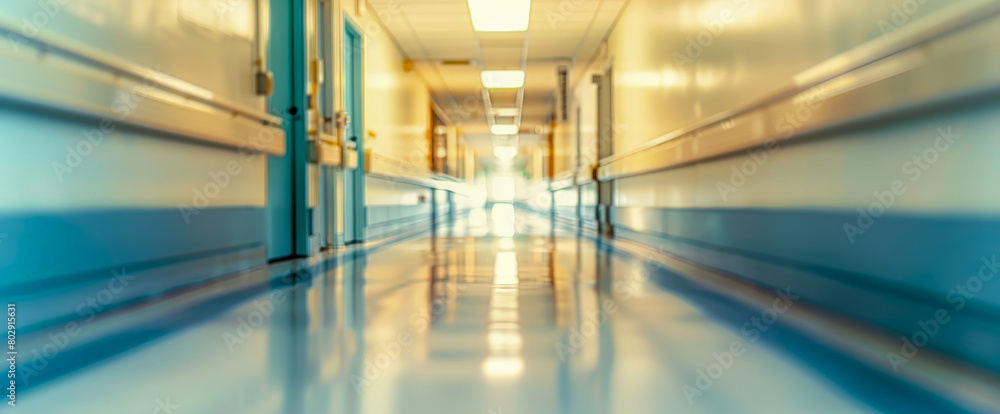 Fototapeta premium A blurred clinical long hallway with blue walls and a white ceiling