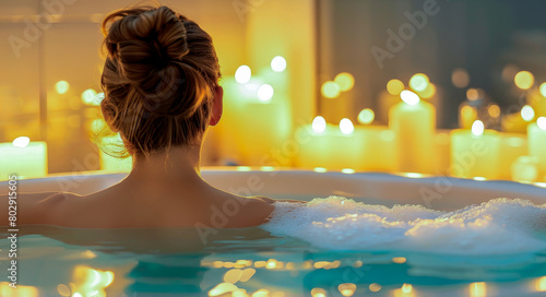 A woman is sitting in a bathtub with candles li, warm atmosphere