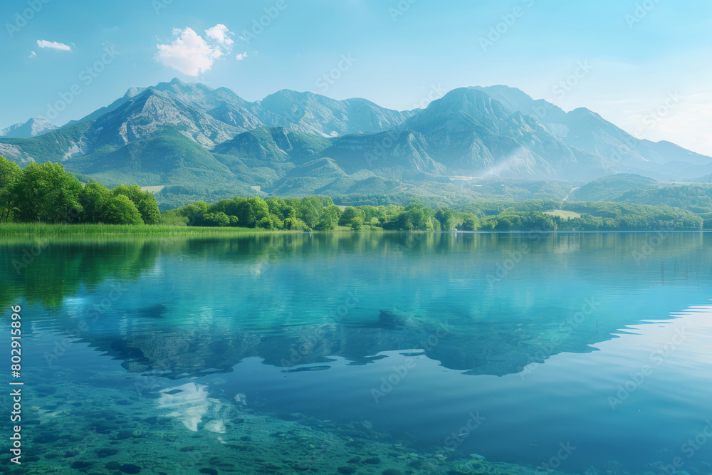 illustration of morning fog over a beautiful lake surrounded,surrounded by hills, trees and mountains.
