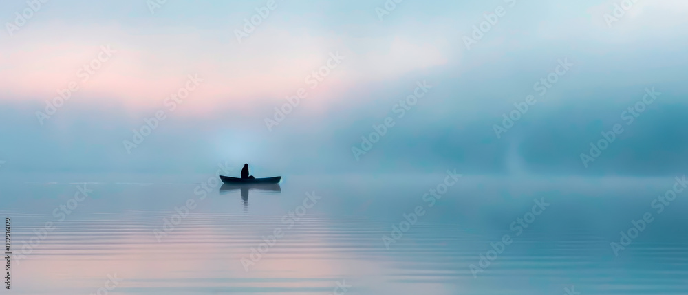 A person is sitting in a boat on a lake, tranquility and peace concept