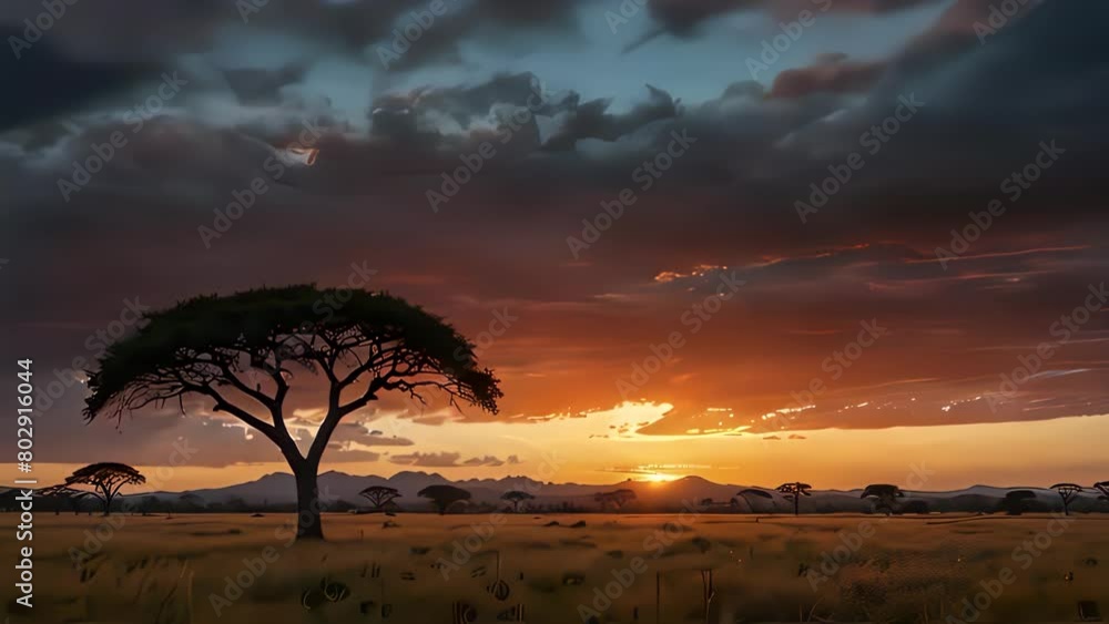 sunset over African savannah silhouette sunset over African savannah silhouette