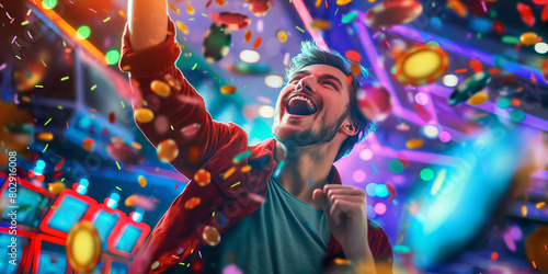 Excited man celebrating winning money in the casino. Male player by the slot machines. Gambling addiction.