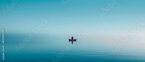 A person is sitting in a red canoe on a calm lake, tranquility and peace