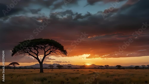 sunset over African savannah silhouette 
