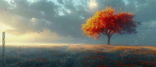 Alone autumnal tree stands in field of grass with cloudy sky in the background