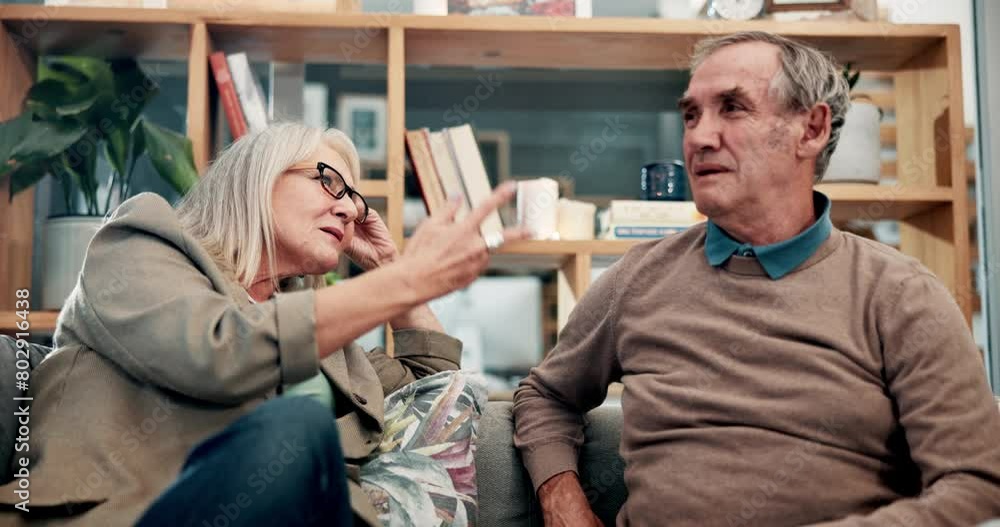 Man, woman and old couple or fight on sofa in home for financial trouble in retirement, disagreement or conflict. Married, unhappy and argument in house for marriage fail, affair or communication Man, woman and old couple or fight on sofa in home for financial trouble in retirement, disagreement or conflict. Married, unhappy and argument in house for marriage fail, affair or communication
