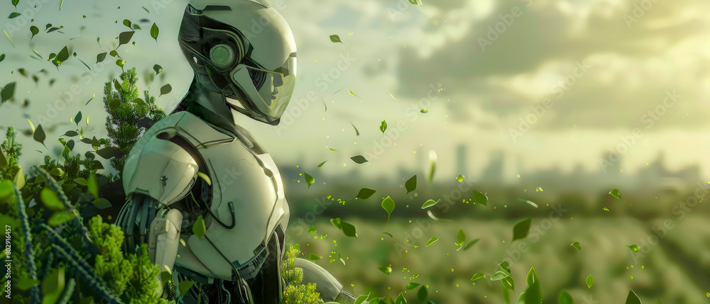 A futuristic robot standing in field of green leaves at sunset
