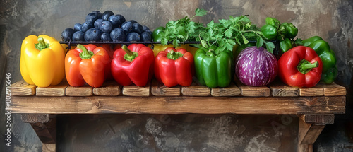 A wooden shelf with a variety of colorful vegetables including peppers  onions