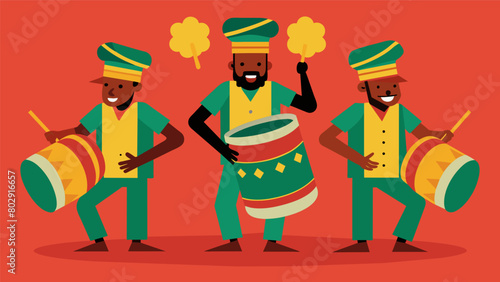 A reggae band filling the air with soulful rhythms using bongo drums created from old paint cans.. Vector illustration