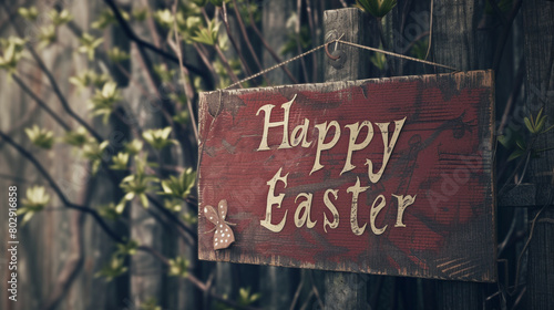 A vintage-style wooden sign with the phrase "Happy Easter" painted on it, placed against a rustic background.