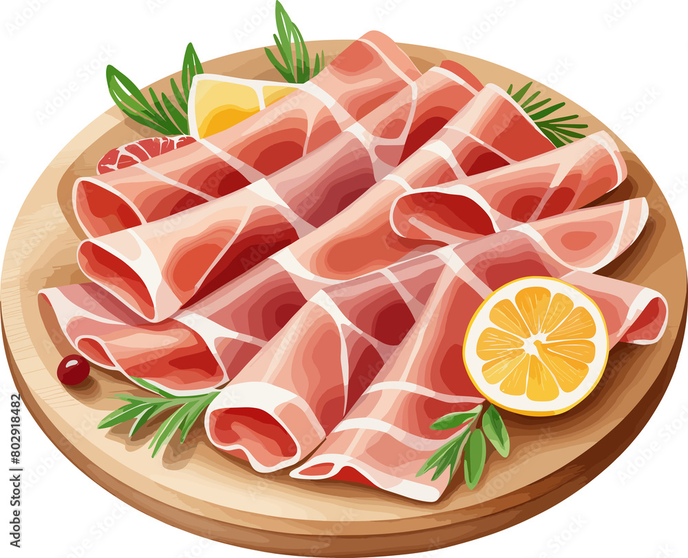 Fresh prosciutto crudo on wooden cutting board, sliced pork cartoon clipart for food preparation, grill, uncooked ham, recipes, meat, high calories, health, ingredients, protein, nutrition, fat, bbq