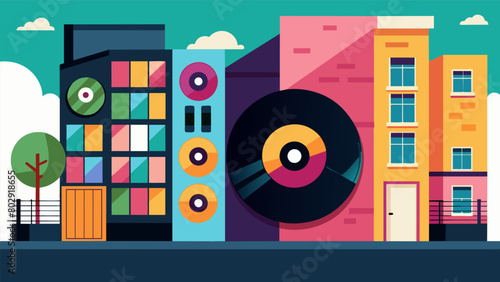 A street art installation featuring vinyl record covers plastered on the side of a building creating a vibrant and dynamic display of artwork for Vector illustration