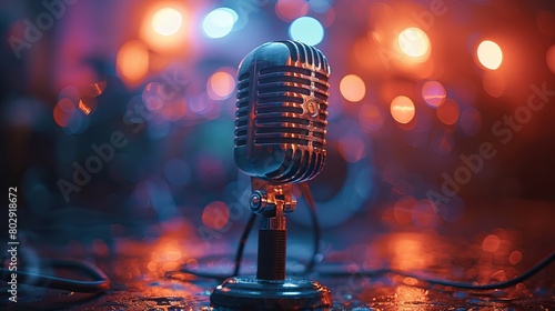 Vintage vocal microphone in dim lighting on a concert stage, illuminated by pink and blue spotlights. Wide banner background suitable for live music or podcast with ample copy space.