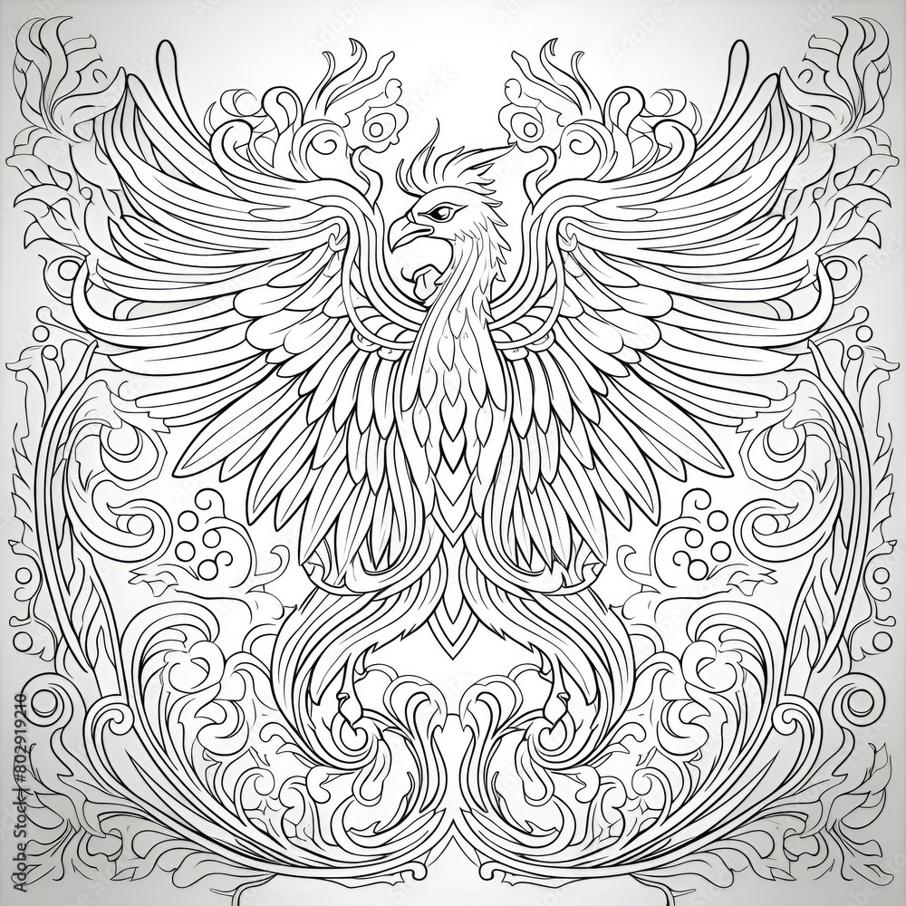 Line art of a phoenix rising from the ashes with a floral background ...