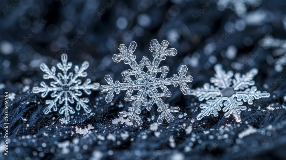 Detailed snowflake crystals against a dark background, highlighting the beauty of winter nature Detailed snowflake crystals against a dark background, highlighting the beauty of winter nature