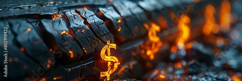 A close-up of a tire tread with a dollar sign etched into it photo