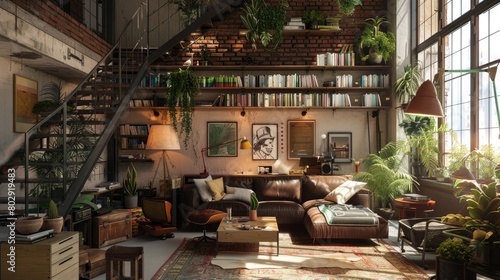 Boho-chic living room with leather sofas, plants and vintage decor