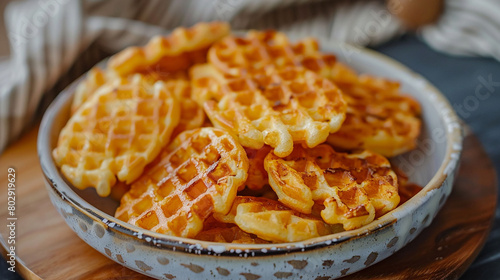 Crispy waffle fries glistening with golden perfection, nestled on a sleek ceramic plate.