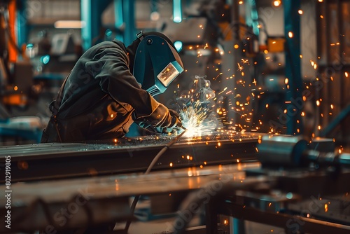 A worker is welding metal pieces in the factory, sparks flying around him