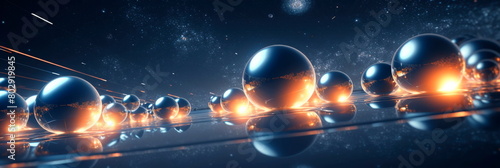 Chrome spheres floating in a zero-gravity environment with a starry sky in the background. Emphasize reflections and metallic sheen. photo