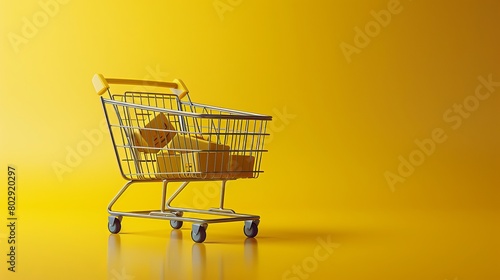 Yellow shopping basket isolated on a yellow background, suitable for e-commerce banners or online shop backgrounds. Rendered in a minimalistic concept as a 3D illustration.