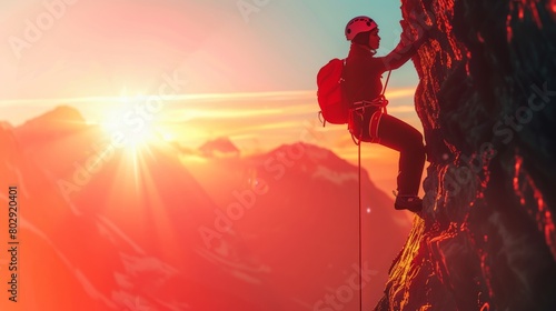 Silhouette of a climber on a rocky face with a breathtaking sunset backdrop