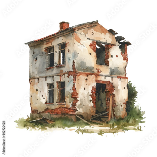 Watercolor abandoned building on white background