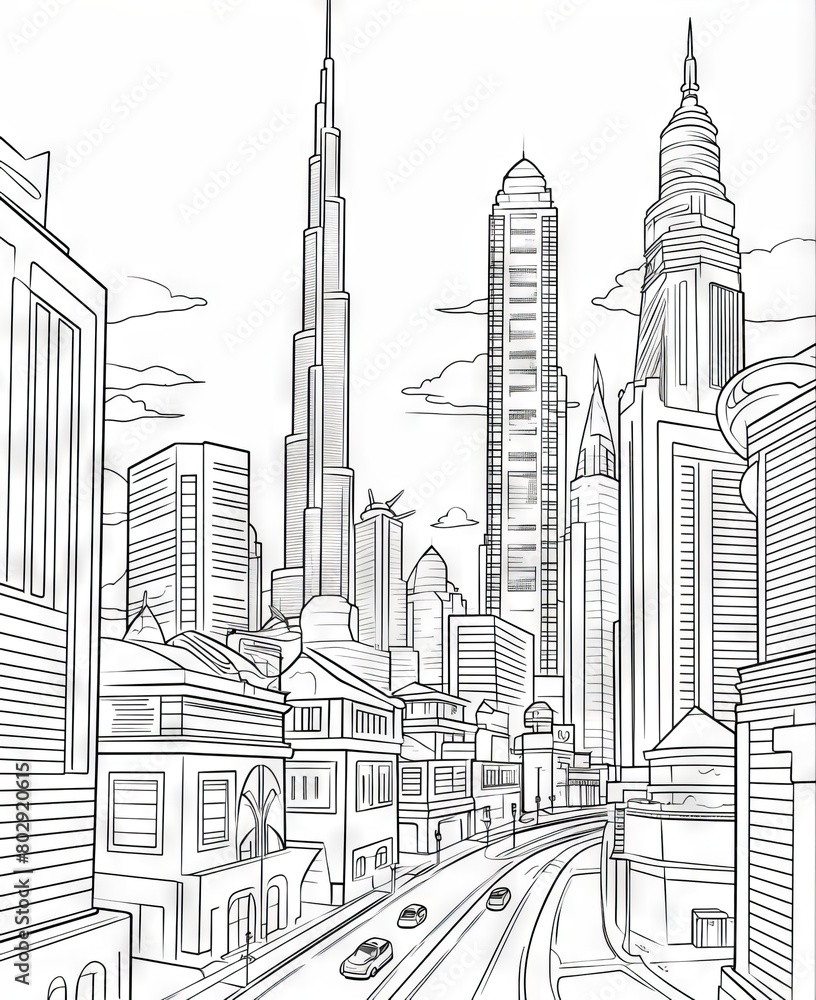 Coloring book page for kids and adults of a modern city with skyscrapers and a highway.