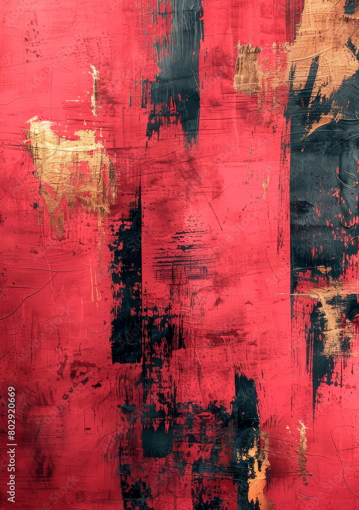 Rose gold brushstrokes on a red canvas, abstract, metallic sheen
