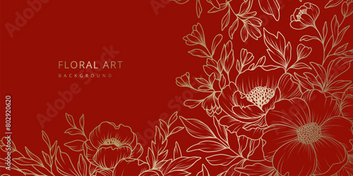 Luxury floral red background with gold hand drawn flowers. Vector design template for postcard, wall poster, business card, flyer, banner, wedding invitation, print, cover, wallpaper