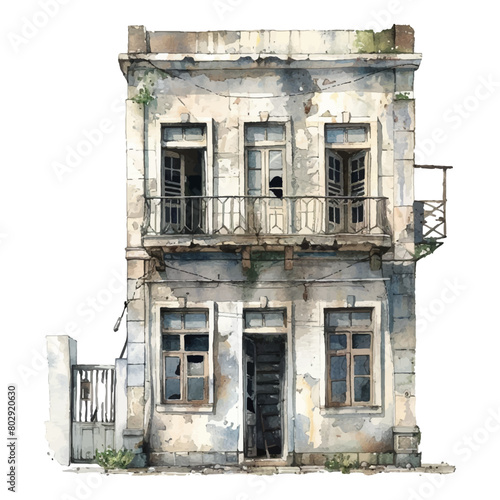 Watercolor abandoned building on white background