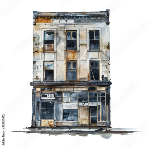 Watercolor abandoned building on white background