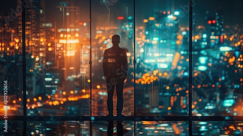 Businessman Reflecting City Lights at Night. Urban Life and Success Concept