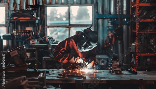 A worker is welding metal pieces in the factory, sparks flying around him