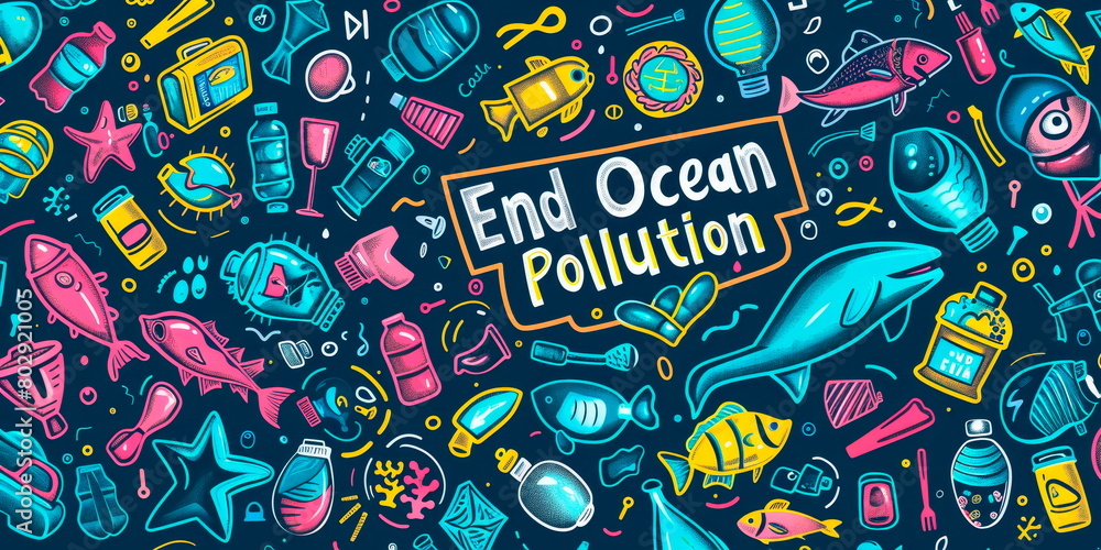 pattern with ocean plastic pollution icons and End Ocean Pollution pattern with ocean plastic pollution icons and End Ocean Pollution