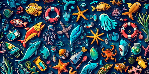 pattern with ocean plastic pollution icons and End Ocean Pollution