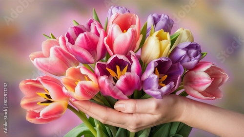 A woman holds a bouquet of flowers that says tulips.