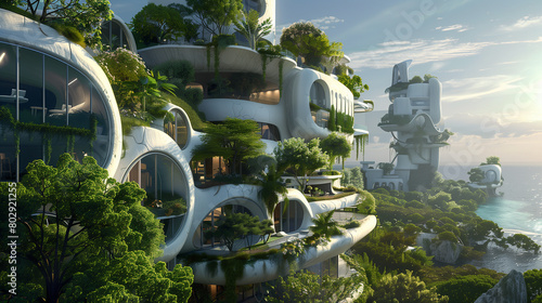 Visualize a future where humans live in harmony with nature, using biomimicry for sustainable development. 