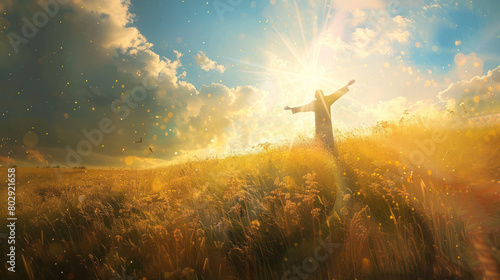 Sunlit Meadow with Lone Figure, the Ascension of Christ, the ascension of Jesus into heaven, a festival celebrated by Christians.
