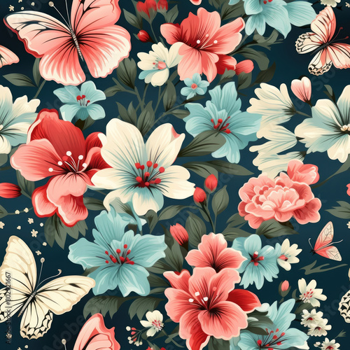 Colorful floral print with moths. Summer flowers and butterflies seamless pattern. Botanical female nature background