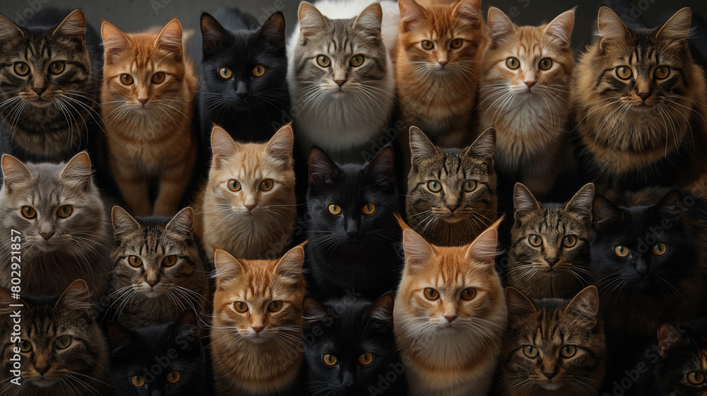 A large group of cats in various poses and sizes