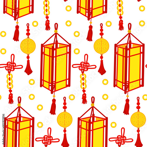 Pattern of red threads tied with Chinese knots for good luck, and a paper lantern. Gold coins, amulet, paper element. Materials in the traditional Asian style were used for decoration in the cultural