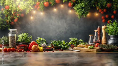 Wooden kitchen table with fresh vegetables and herbs on a dark background