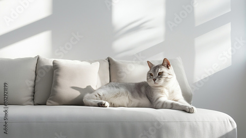 A light grey cat lounging on the white sofa