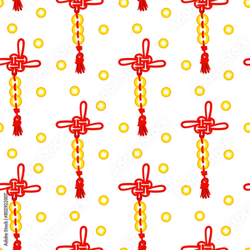 Pattern of red threads is tied in Chinese knots for good luck, symbolizing, prosperity. Red threads in knots with gold coins. Materials in the traditional Asian style are used in a cultural