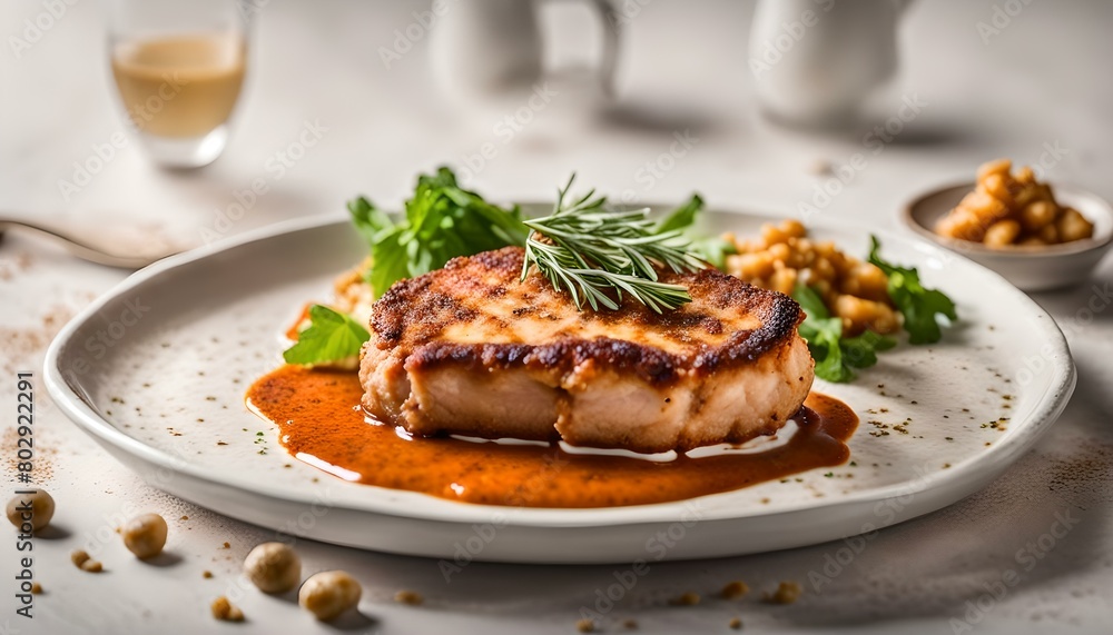 Pork cutlet on a bone with gremolat sauce.
Pork cutlet on a bone with gremolat sauce.