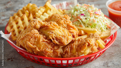 Popeyes chicken tenders served in a red basket, with crinkle-cut fries and coleslaw.