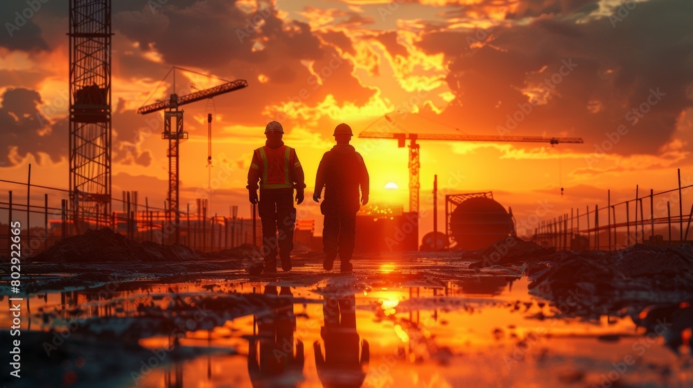 Silhouettes of two construction workers walking on site during a dramatic sunset